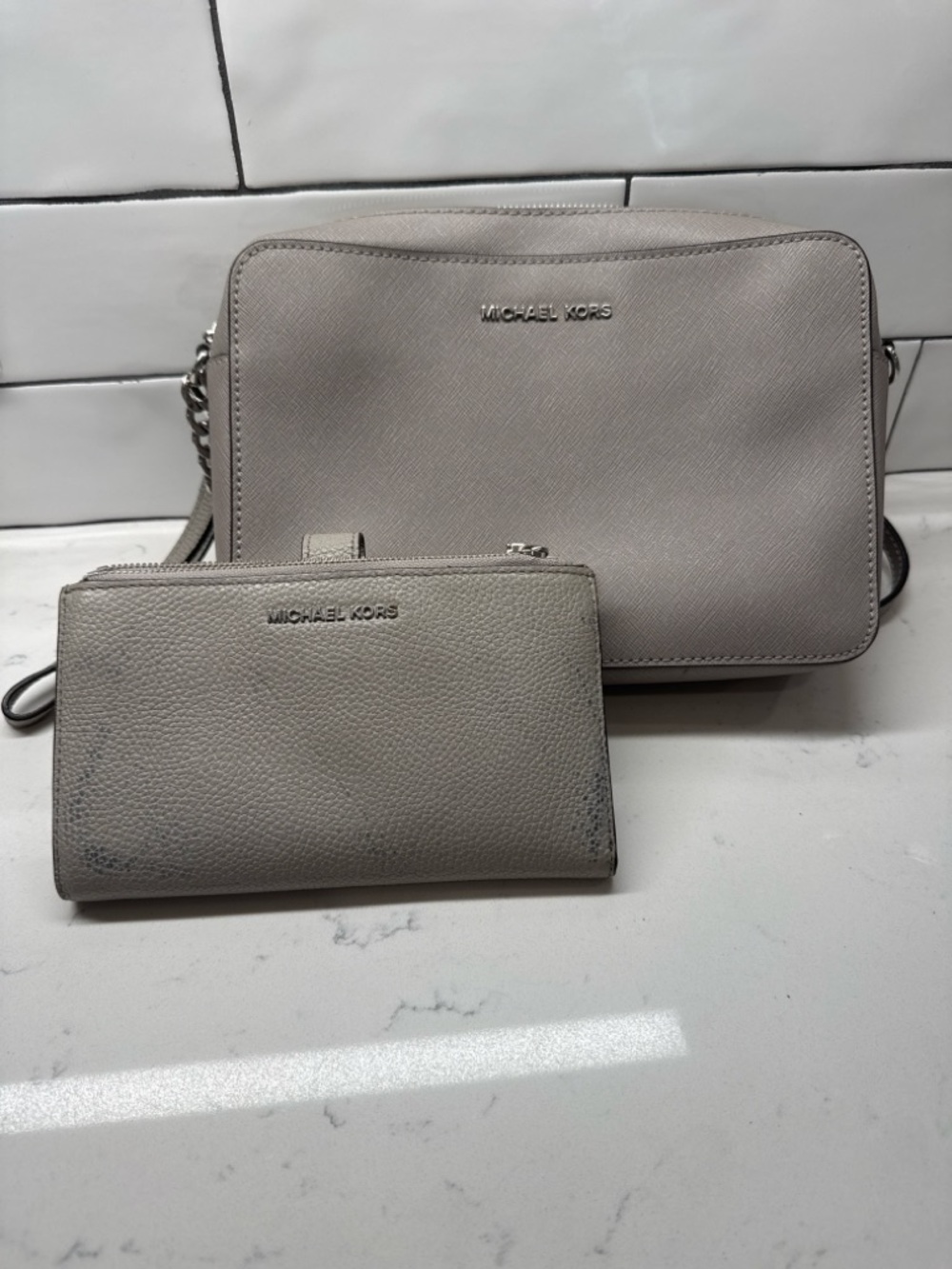 Michael Kors Crossbody Bag with Matching Wallet Light Gray Saffiano Leather